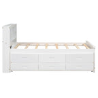 Lit plateforme, tête de lit à 4 étagères, 3 tiroirs, lit gigogne simple, 2 ports USB, pin et MDF, gris/blanc, lit simple/double, pour 2 personnes