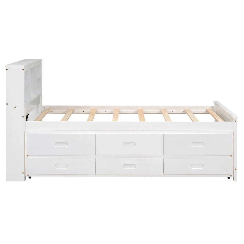 Lit plateforme, tête de lit à 4 étagères, 3 tiroirs, lit gigogne simple, 2 ports USB, pin et MDF, gris/blanc, lit simple/double, pour 2 personnes