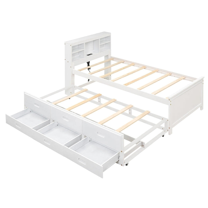 Lit plateforme, tête de lit à 4 étagères, 3 tiroirs, lit gigogne simple, 2 ports USB, pin et MDF, gris/blanc, lit simple/double, pour 2 personnes