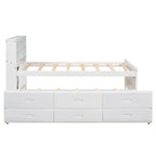 Lit plateforme, tête de lit à 4 étagères, 3 tiroirs, lit gigogne simple, 2 ports USB, pin et MDF, gris/blanc, lit simple/double, pour 2 personnes
