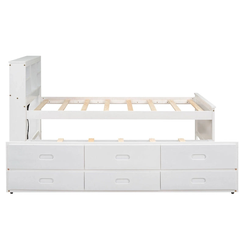 Lit plateforme, tête de lit à 4 étagères, 3 tiroirs, lit gigogne simple, 2 ports USB, pin et MDF, gris/blanc, lit simple/double, pour 2 personnes