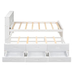 Lit plateforme, tête de lit à 4 étagères, 3 tiroirs, lit gigogne simple, 2 ports USB, pin et MDF, gris/blanc, lit simple/double, pour 2 personnes