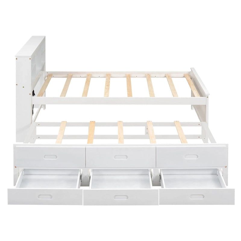 Lit plateforme, tête de lit à 4 étagères, 3 tiroirs, lit gigogne simple, 2 ports USB, pin et MDF, gris/blanc, lit simple/double, pour 2 personnes