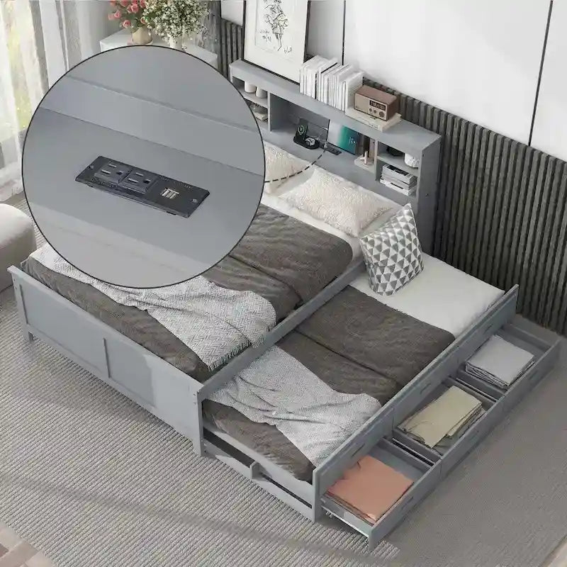 Lit plateforme, tête de lit à 4 étagères, 3 tiroirs, lit gigogne simple, 2 ports USB, pin et MDF, gris/blanc, lit simple/double, pour 2 personnes