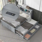 Lit plateforme, tête de lit à 4 étagères, 3 tiroirs, lit gigogne simple, 2 ports USB, pin et MDF, gris/blanc, lit simple/double, pour 2 personnes