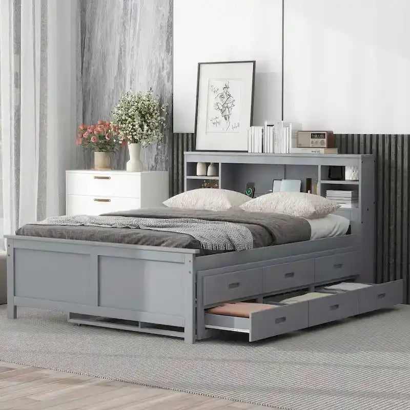 Lit plateforme, tête de lit à 4 étagères, 3 tiroirs, lit gigogne simple, 2 ports USB, pin et MDF, gris/blanc, lit simple/double, pour 2 personnes