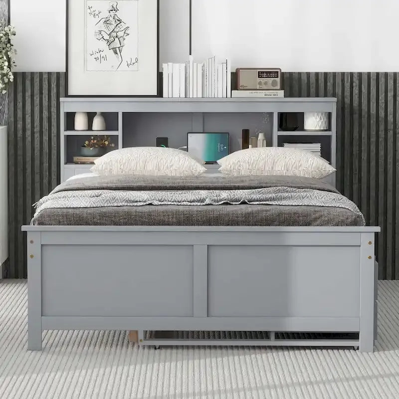 Lit plateforme, tête de lit à 4 étagères, 3 tiroirs, lit gigogne simple, 2 ports USB, pin et MDF, gris/blanc, lit simple/double, pour 2 personnes