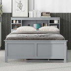 Lit plateforme, tête de lit à 4 étagères, 3 tiroirs, lit gigogne simple, 2 ports USB, pin et MDF, gris/blanc, lit simple/double, pour 2 personnes