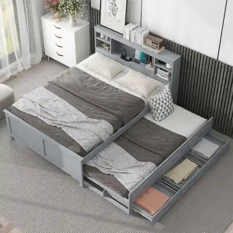 Lit plateforme, tête de lit à 4 étagères, 3 tiroirs, lit gigogne simple, 2 ports USB, pin et MDF, gris/blanc, lit simple/double, pour 2 personnes
