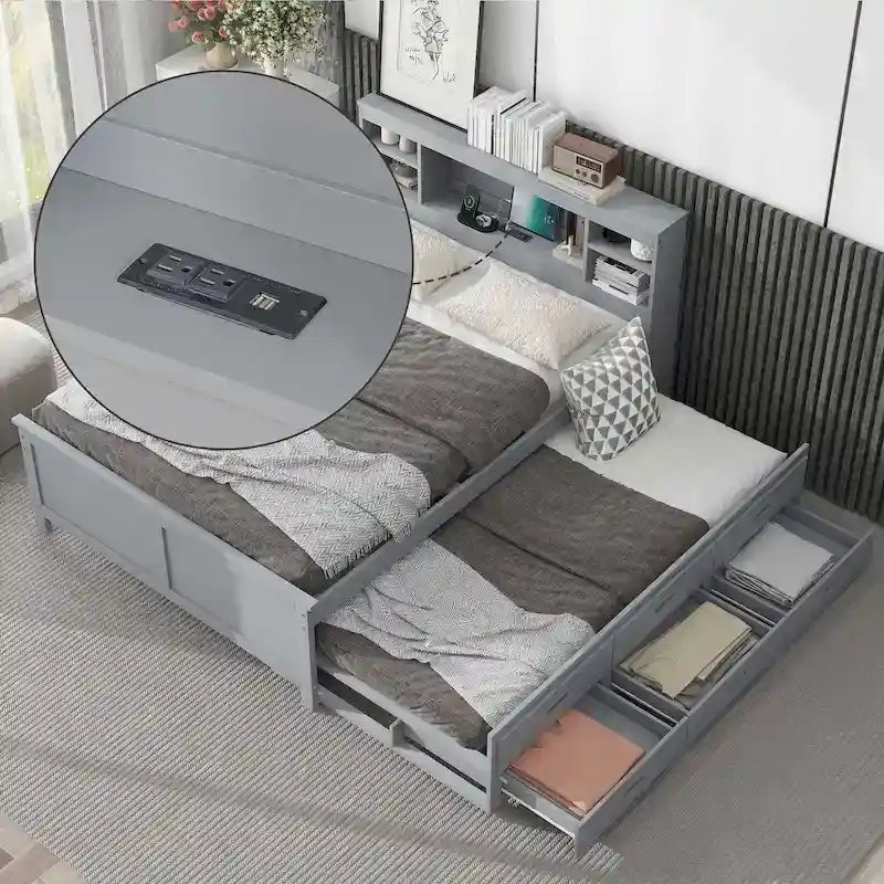 Lit plateforme, tête de lit à 4 étagères, 3 tiroirs, lit gigogne simple, 2 ports USB, pin et MDF, gris/blanc, lit simple/double, pour 2 personnes
