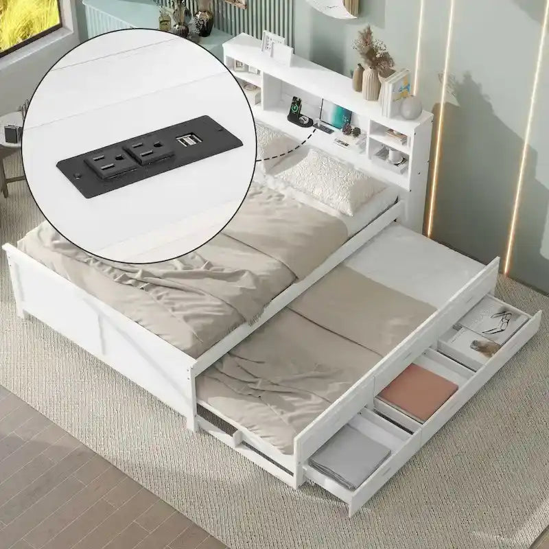 Lit plateforme, tête de lit à 4 étagères, 3 tiroirs, lit gigogne simple, 2 ports USB, pin et MDF, gris/blanc, lit simple/double, pour 2 personnes
