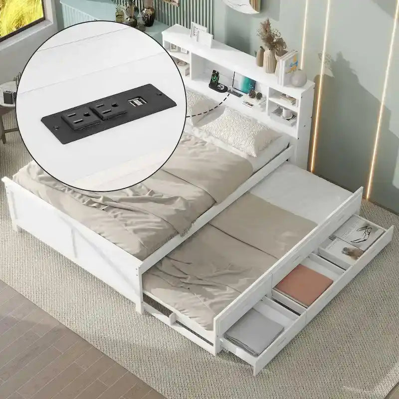 Pine Wood Platform Bed Frame with 3 Drawers & Trundle