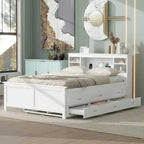 Lit plateforme, tête de lit à 4 étagères, 3 tiroirs, lit gigogne simple, 2 ports USB, pin et MDF, gris/blanc, lit simple/double, pour 2 personnes