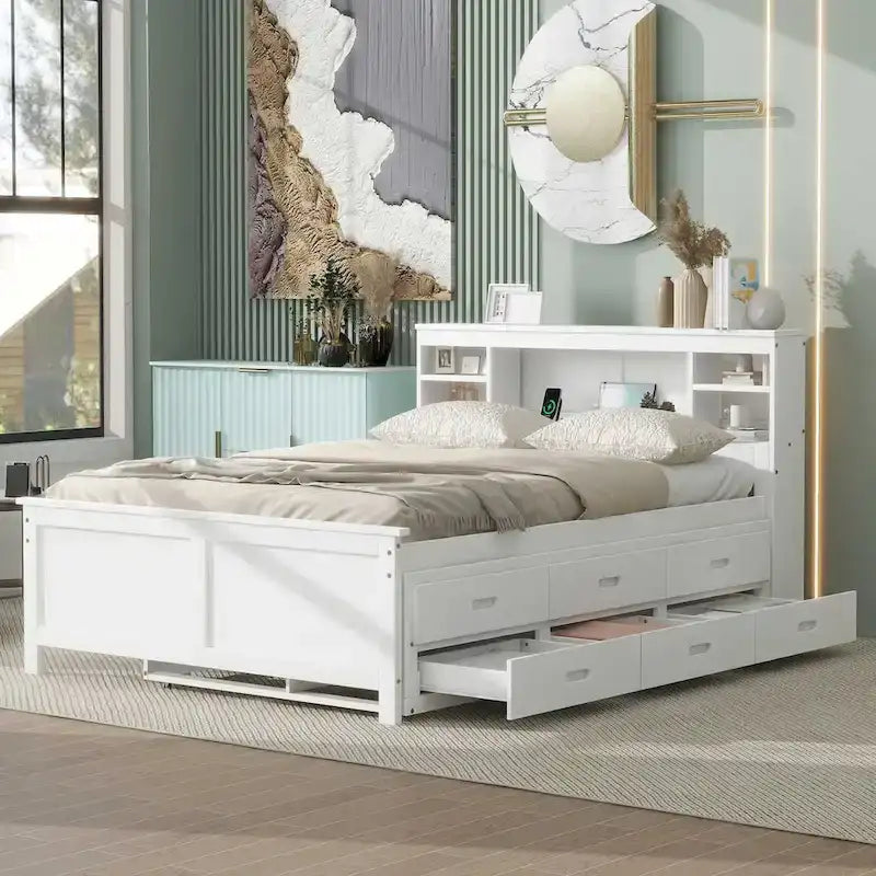 Lit plateforme, tête de lit à 4 étagères, 3 tiroirs, lit gigogne simple, 2 ports USB, pin et MDF, gris/blanc, lit simple/double, pour 2 personnes