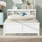 Lit plateforme, tête de lit à 4 étagères, 3 tiroirs, lit gigogne simple, 2 ports USB, pin et MDF, gris/blanc, lit simple/double, pour 2 personnes