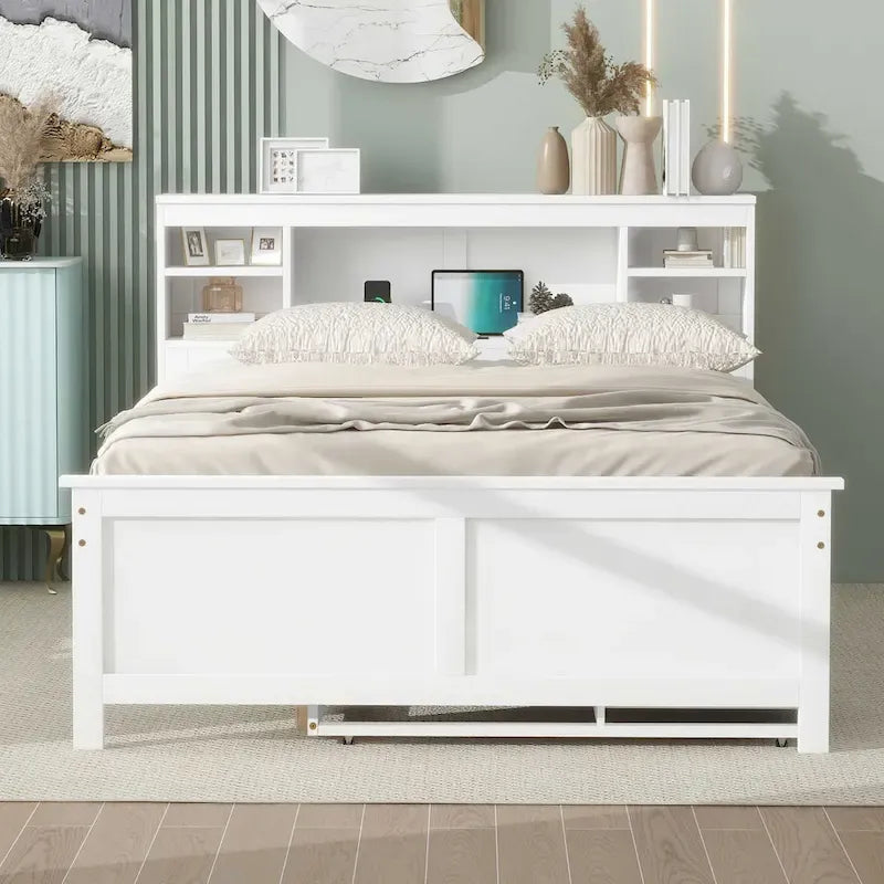 Lit plateforme, tête de lit à 4 étagères, 3 tiroirs, lit gigogne simple, 2 ports USB, pin et MDF, gris/blanc, lit simple/double, pour 2 personnes