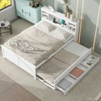 Lit plateforme, tête de lit à 4 étagères, 3 tiroirs, lit gigogne simple, 2 ports USB, pin et MDF, gris/blanc, lit simple/double, pour 2 personnes