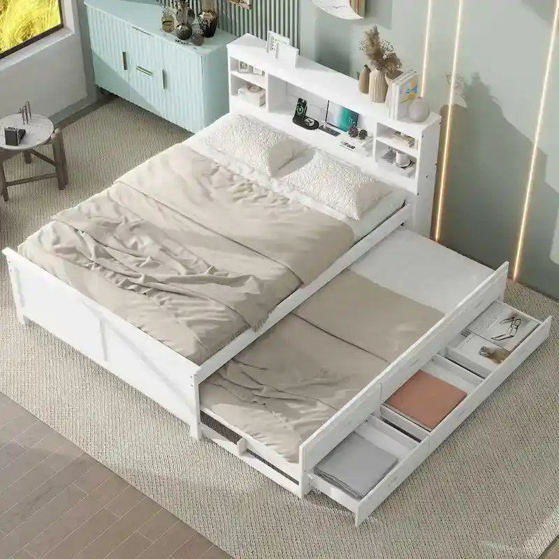 Lit plateforme, tête de lit à 4 étagères, 3 tiroirs, lit gigogne simple, 2 ports USB, pin et MDF, gris/blanc, lit simple/double, pour 2 personnes