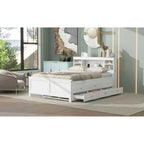 Lit plateforme, tête de lit à 4 étagères, 3 tiroirs, lit gigogne simple, 2 ports USB, pin et MDF, gris/blanc, lit simple/double, pour 2 personnes