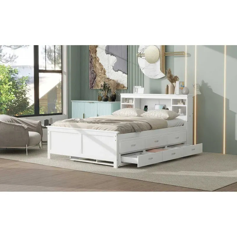 Lit plateforme, tête de lit à 4 étagères, 3 tiroirs, lit gigogne simple, 2 ports USB, pin et MDF, gris/blanc, lit simple/double, pour 2 personnes