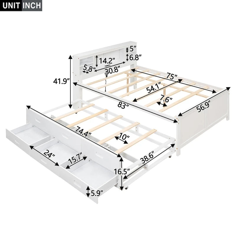 Lit plateforme, tête de lit à 4 étagères, 3 tiroirs, lit gigogne simple, 2 ports USB, pin et MDF, gris/blanc, lit simple/double, pour 2 personnes