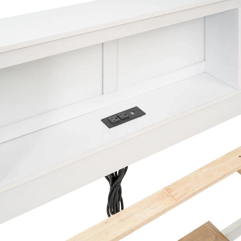 Lit plateforme, tête de lit à 4 étagères, 3 tiroirs, lit gigogne simple, 2 ports USB, pin et MDF, gris/blanc, lit simple/double, pour 2 personnes