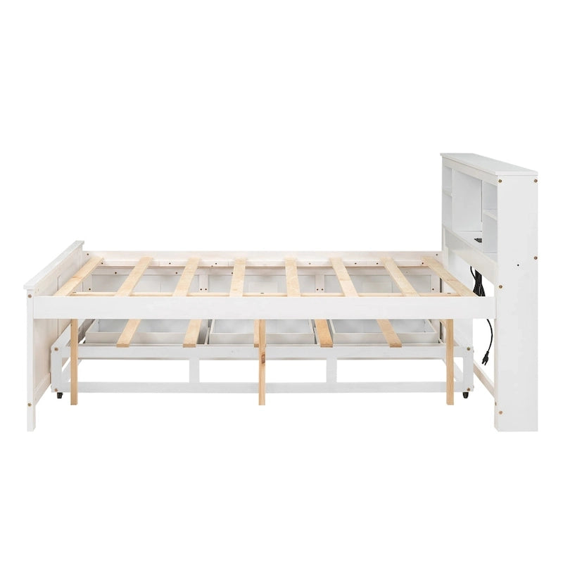 Lit plateforme, tête de lit à 4 étagères, 3 tiroirs, lit gigogne simple, 2 ports USB, pin et MDF, gris/blanc, lit simple/double, pour 2 personnes