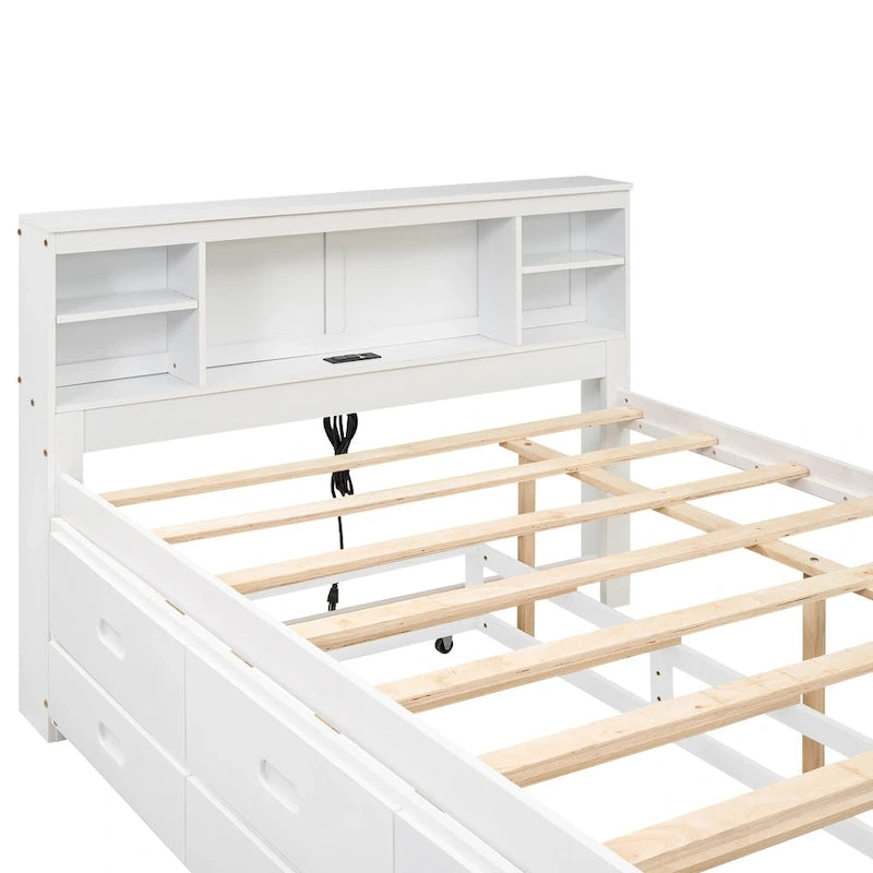 Lit plateforme, tête de lit à 4 étagères, 3 tiroirs, lit gigogne simple, 2 ports USB, pin et MDF, gris/blanc, lit simple/double, pour 2 personnes