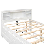 Lit plateforme, tête de lit à 4 étagères, 3 tiroirs, lit gigogne simple, 2 ports USB, pin et MDF, gris/blanc, lit simple/double, pour 2 personnes