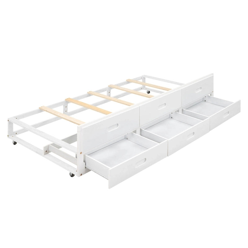 Lit plateforme, tête de lit à 4 étagères, 3 tiroirs, lit gigogne simple, 2 ports USB, pin et MDF, gris/blanc, lit simple/double, pour 2 personnes