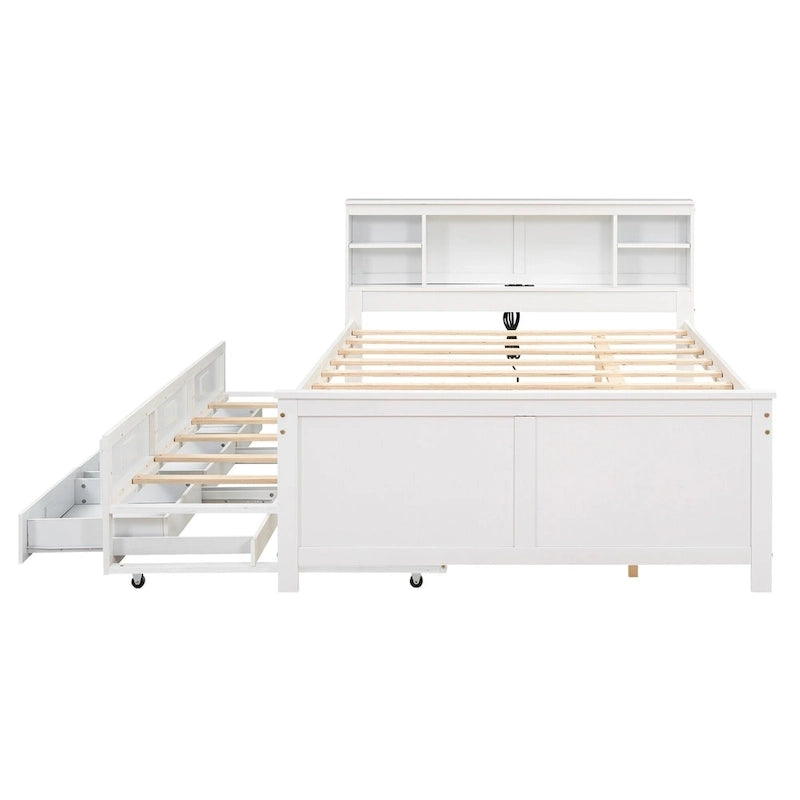 Lit plateforme, tête de lit à 4 étagères, 3 tiroirs, lit gigogne simple, 2 ports USB, pin et MDF, gris/blanc, lit simple/double, pour 2 personnes