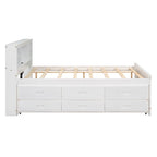 Lit plateforme, tête de lit à 4 étagères, 3 tiroirs, lit gigogne simple, 2 ports USB, pin et MDF, gris/blanc, lit simple/double, pour 2 personnes