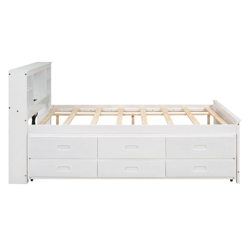 Lit plateforme, tête de lit à 4 étagères, 3 tiroirs, lit gigogne simple, 2 ports USB, pin et MDF, gris/blanc, lit simple/double, pour 2 personnes