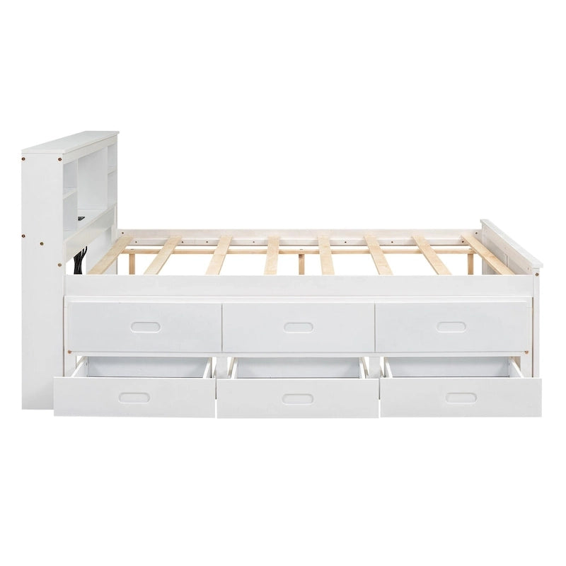 Lit plateforme, tête de lit à 4 étagères, 3 tiroirs, lit gigogne simple, 2 ports USB, pin et MDF, gris/blanc, lit simple/double, pour 2 personnes