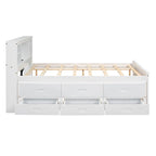 Lit plateforme, tête de lit à 4 étagères, 3 tiroirs, lit gigogne simple, 2 ports USB, pin et MDF, gris/blanc, lit simple/double, pour 2 personnes