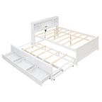 Lit plateforme, tête de lit à 4 étagères, 3 tiroirs, lit gigogne simple, 2 ports USB, pin et MDF, gris/blanc, lit simple/double, pour 2 personnes