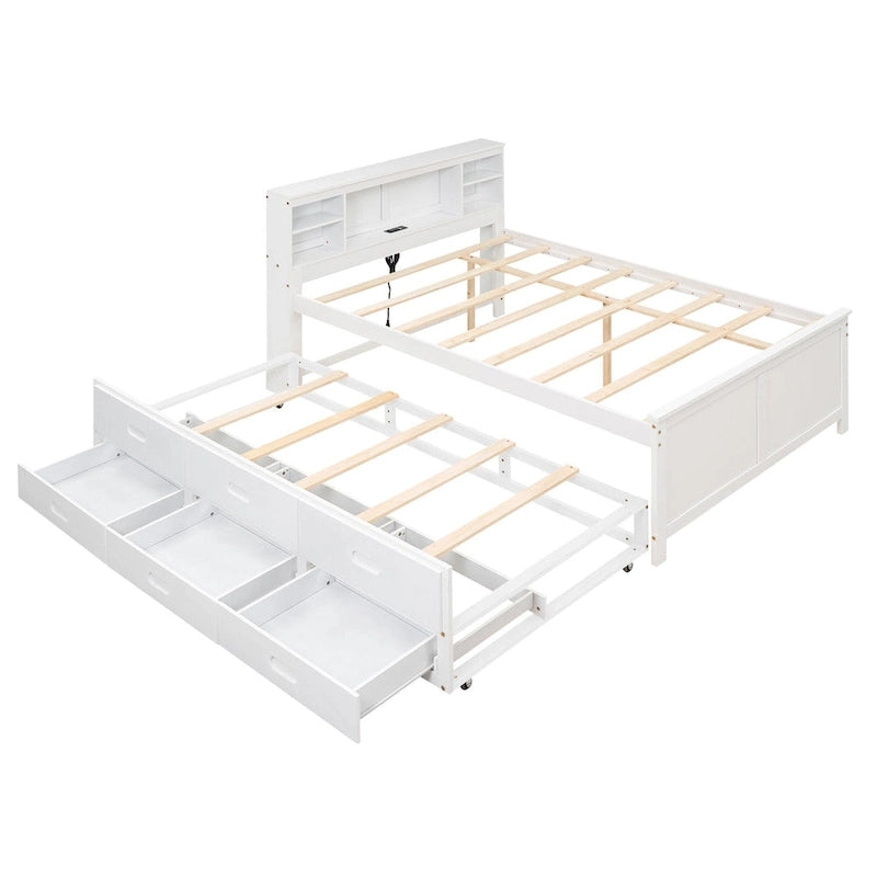 Lit plateforme, tête de lit à 4 étagères, 3 tiroirs, lit gigogne simple, 2 ports USB, pin et MDF, gris/blanc, lit simple/double, pour 2 personnes