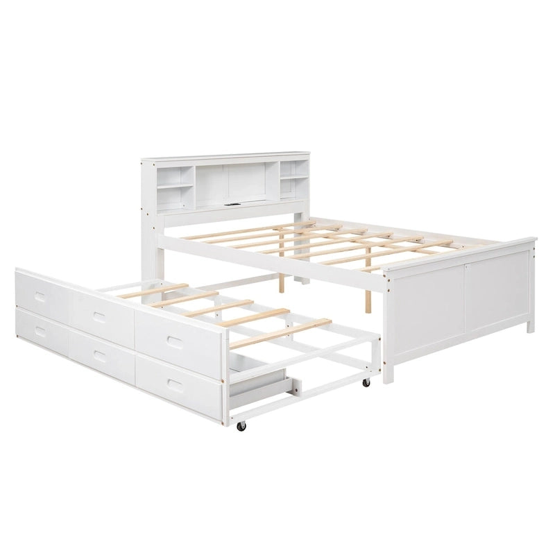 Lit plateforme, tête de lit à 4 étagères, 3 tiroirs, lit gigogne simple, 2 ports USB, pin et MDF, gris/blanc, lit simple/double, pour 2 personnes
