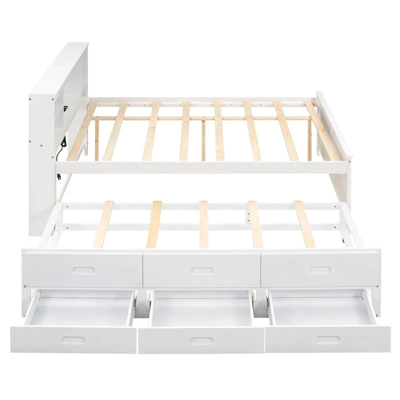 Lit plateforme, tête de lit à 4 étagères, 3 tiroirs, lit gigogne simple, 2 ports USB, pin et MDF, gris/blanc, lit simple/double, pour 2 personnes