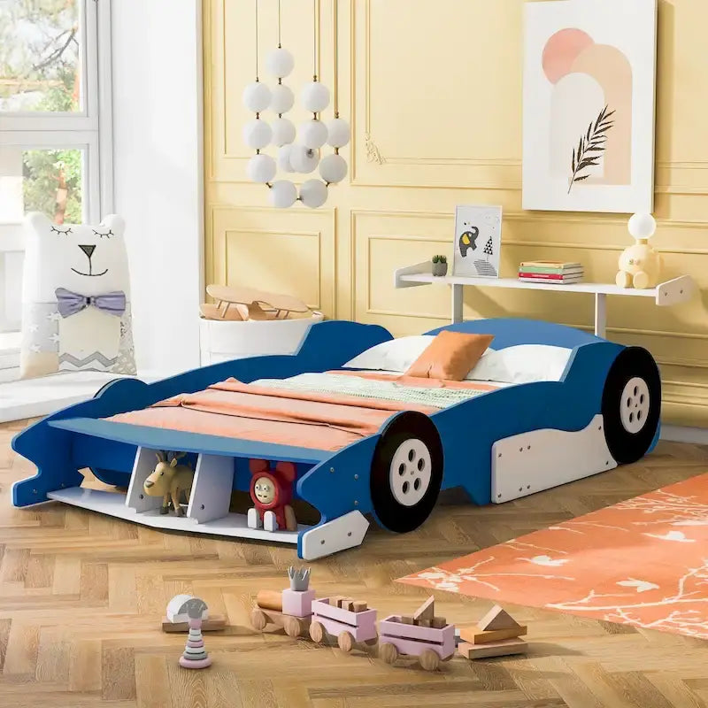 Lit de voiture de course grandeur nature, barrières latérales, pin et MDF, 10 lattes, rouge/bleu/noir, pour 1 personne