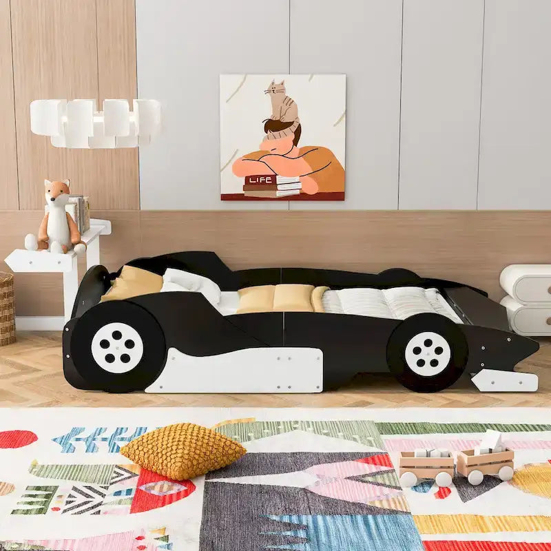 Lit de voiture de course grandeur nature, barrières latérales, pin et MDF, 10 lattes, rouge/bleu/noir, pour 1 personne