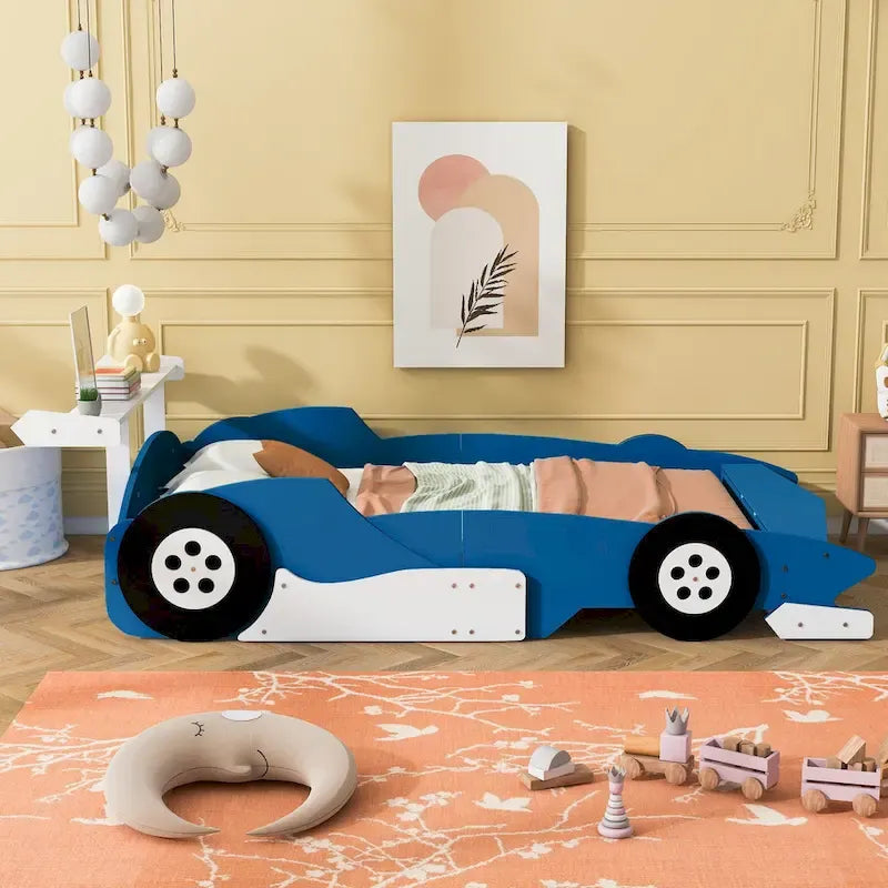 Lit de voiture de course grandeur nature, barrières latérales, pin et MDF, 10 lattes, rouge/bleu/noir, pour 1 personne