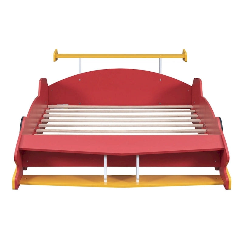 Lit de voiture de course grandeur nature, barrières latérales, pin et MDF, 10 lattes, rouge/bleu/noir, pour 1 personne