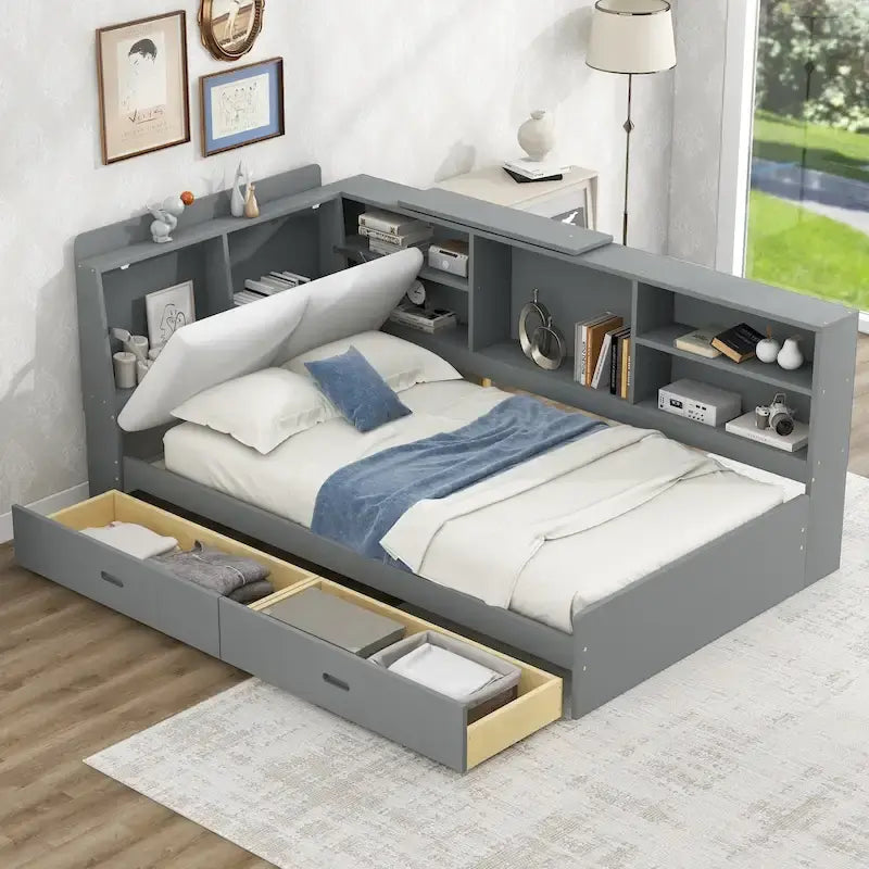Lit plateforme King Size, tête de lit rembourrée, étagères de rangement, 2 tiroirs, lit gigogne, planche rotative, pin et MDF, gris antique / blanc, pour 2 personnes