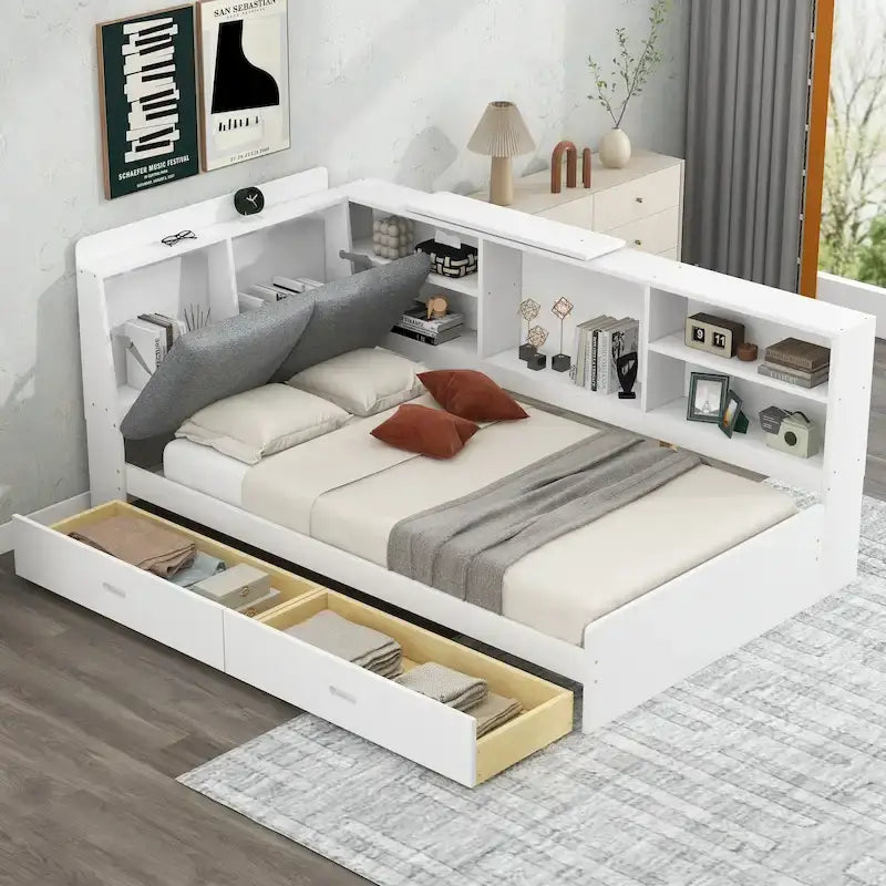 Lit plateforme King Size, tête de lit rembourrée, étagères de rangement, 2 tiroirs, lit gigogne, planche rotative, pin et MDF, gris antique / blanc, pour 2 personnes