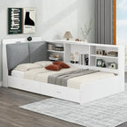 Lit plateforme King Size, tête de lit rembourrée, étagères de rangement, 2 tiroirs, lit gigogne, planche rotative, pin et MDF, gris antique / blanc, pour 2 personnes