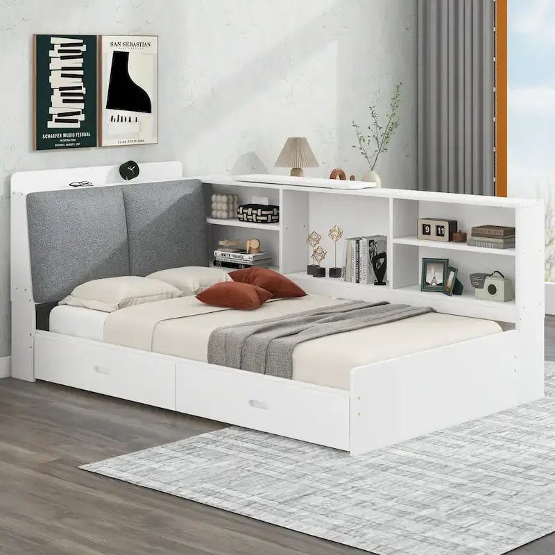Lit plateforme King Size, tête de lit rembourrée, étagères de rangement, 2 tiroirs, lit gigogne, planche rotative, pin et MDF, gris antique / blanc, pour 2 personnes