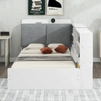 Lit plateforme King Size, tête de lit rembourrée, étagères de rangement, 2 tiroirs, lit gigogne, planche rotative, pin et MDF, gris antique / blanc, pour 2 personnes