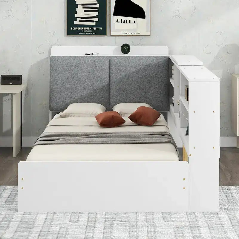 Lit plateforme King Size, tête de lit rembourrée, étagères de rangement, 2 tiroirs, lit gigogne, planche rotative, pin et MDF, gris antique / blanc, pour 2 personnes