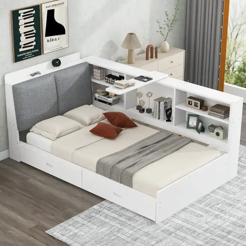 Lit plateforme King Size, tête de lit rembourrée, étagères de rangement, 2 tiroirs, lit gigogne, planche rotative, pin et MDF, gris antique / blanc, pour 2 personnes